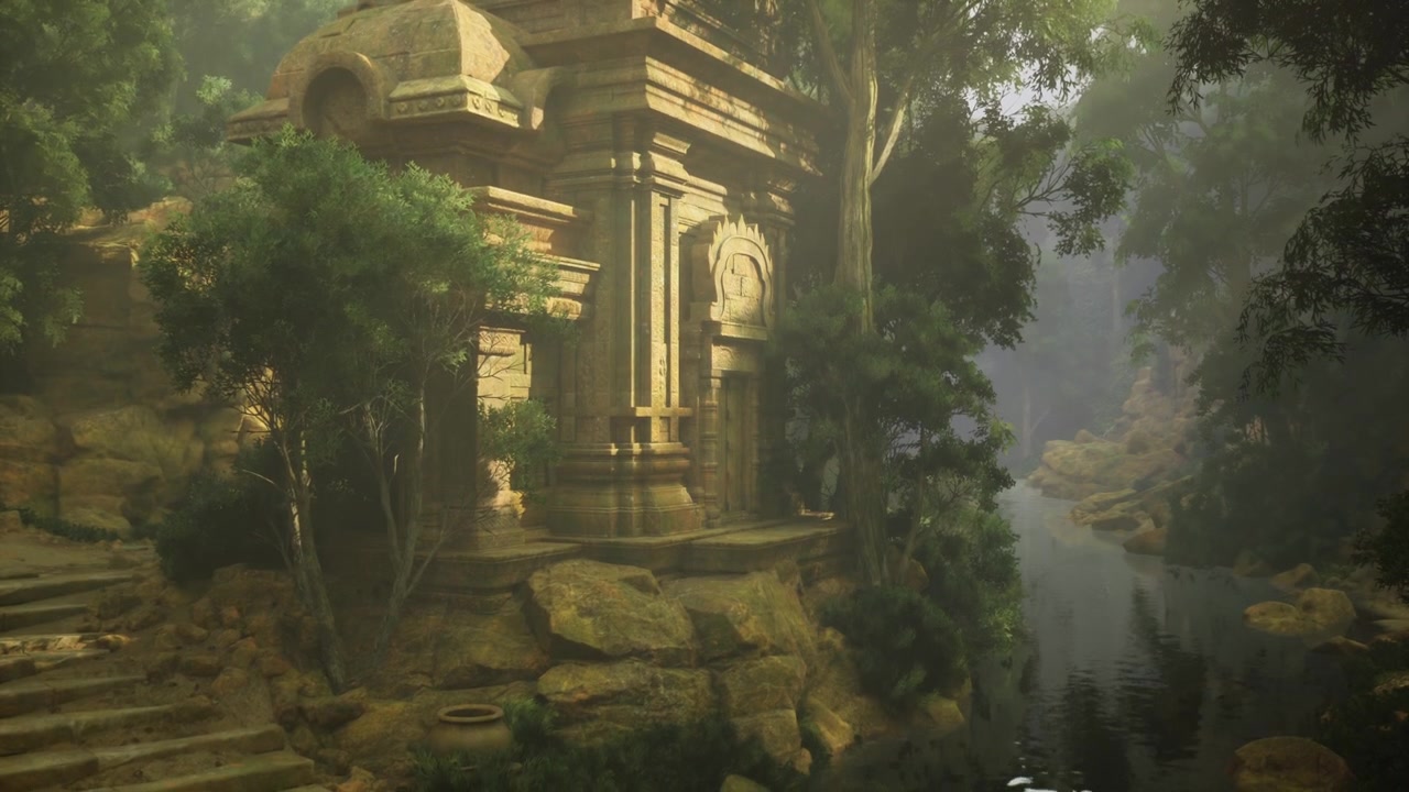 Schattiger, von Chaco inspirierter Monumenteneingang mit aufwendigen Schnitzereien und üppiger Umrahmung