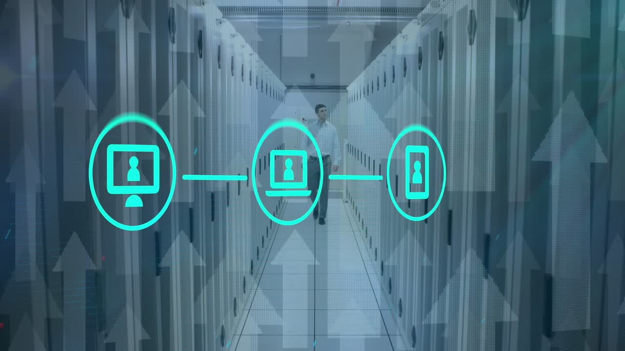 Animation of network of icons, arrow icons over caucasian male engineer walking in server room