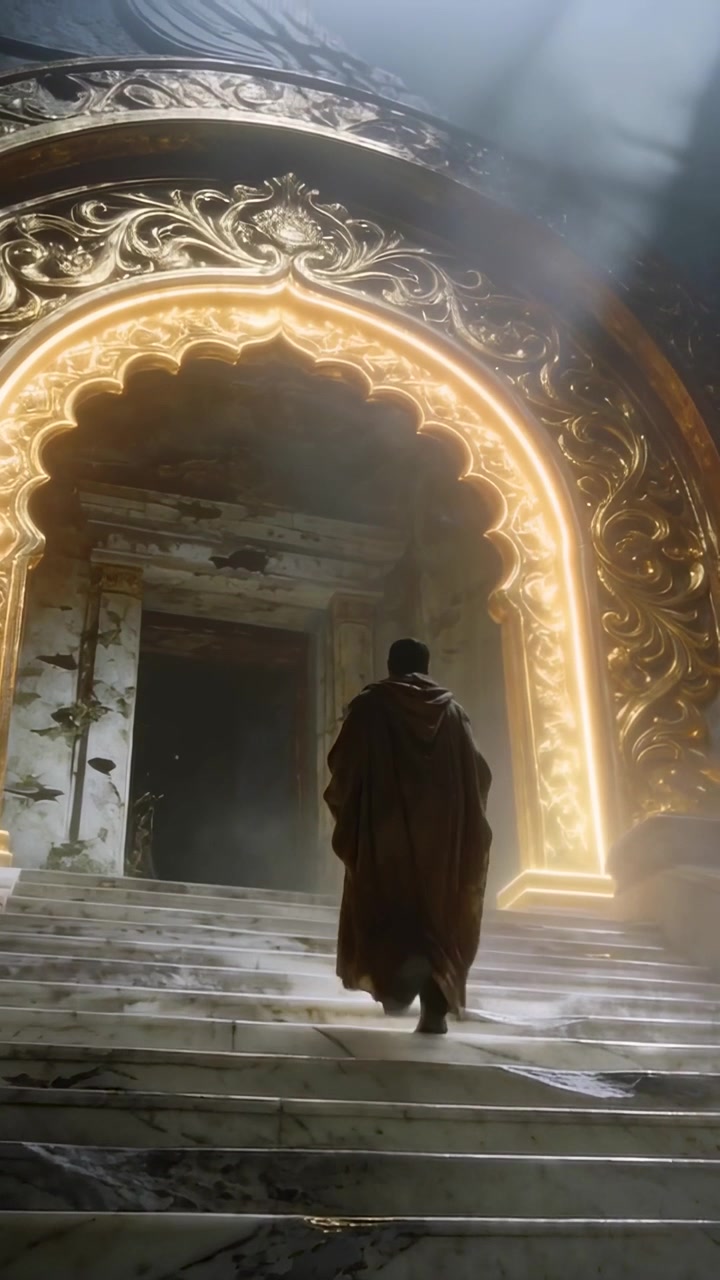 Vertical video: Ascending cloaked pilgrim up ruined temple stairs to gold arch, glow pulling him on