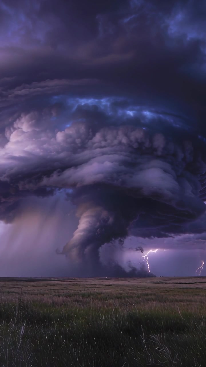 Video verticale: Nube a muro rotante che spinge un imbuto verso la superficie sulla prateria, con fulmini che illuminano le nuvole.