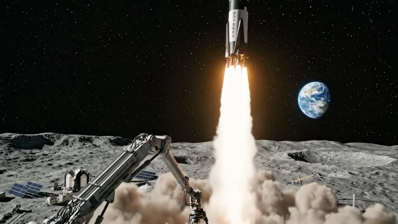 Foguete Espacial Decolando de Base Lunar com a Terra ao Fundo