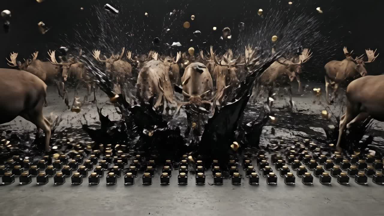 Powerful Herd of Moose Running Through Splashing Black Liquid