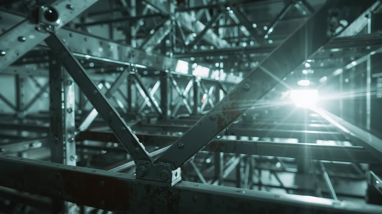 Starting camera gliding through riveted steel support beams in industrial facility, with lens flare