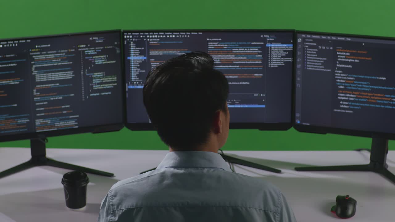Back View Of Asian Man Developer Thinking About Something Then Raising His Index Finger While Write Code With Multiple Computer Screens In Green Screen Studio
