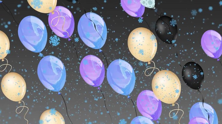 Palloncini fluttuanti e fiocchi di neve che cadono su sfondo scuro