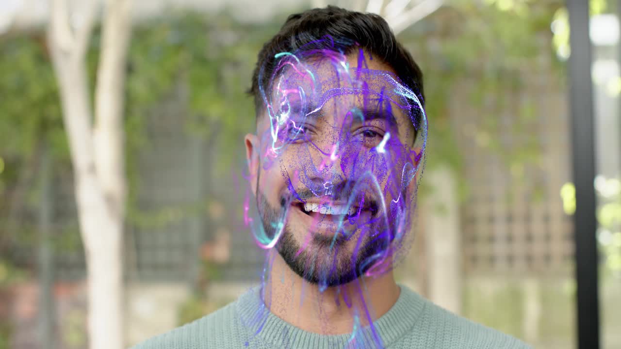 Man reacting on patio as CGI fluid appearing at chest rising and overlaying face, showcasing AR