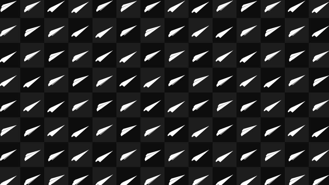 Collezione di aeroplanini di carta fatti a mano. Animazione in loop di aeroplanini di carta bianchi che volano su sfondo nero. Concetto di connessione aziendale. Aeroplanino origami che vola