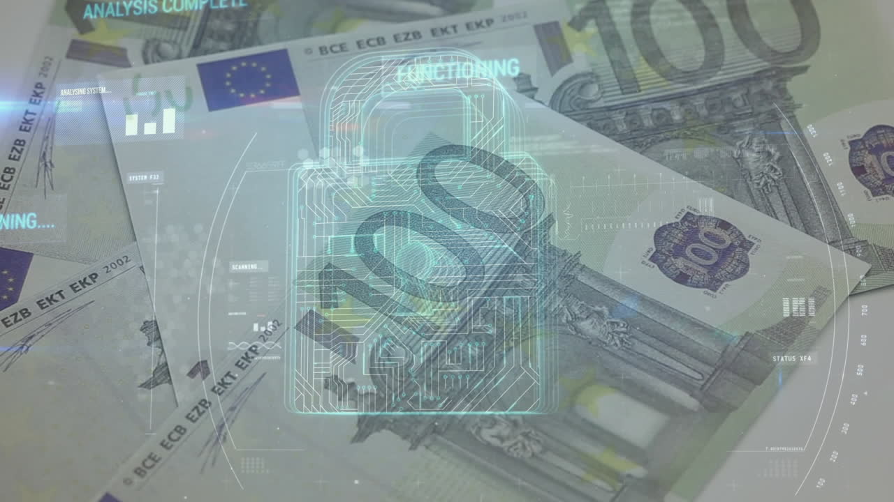 animación de diversos datos y candado de seguridad sobre los billetes en euros que caen