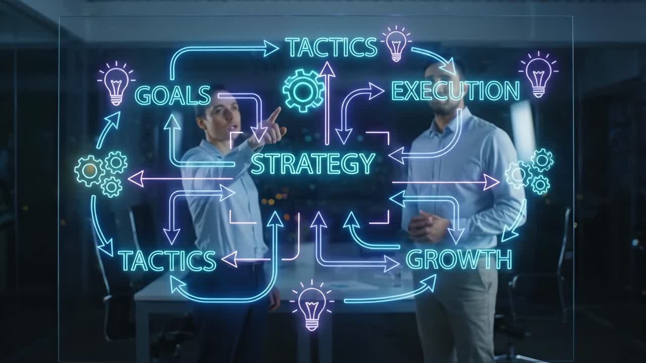 Business People Discussing Strategy with Holographic Digital Display