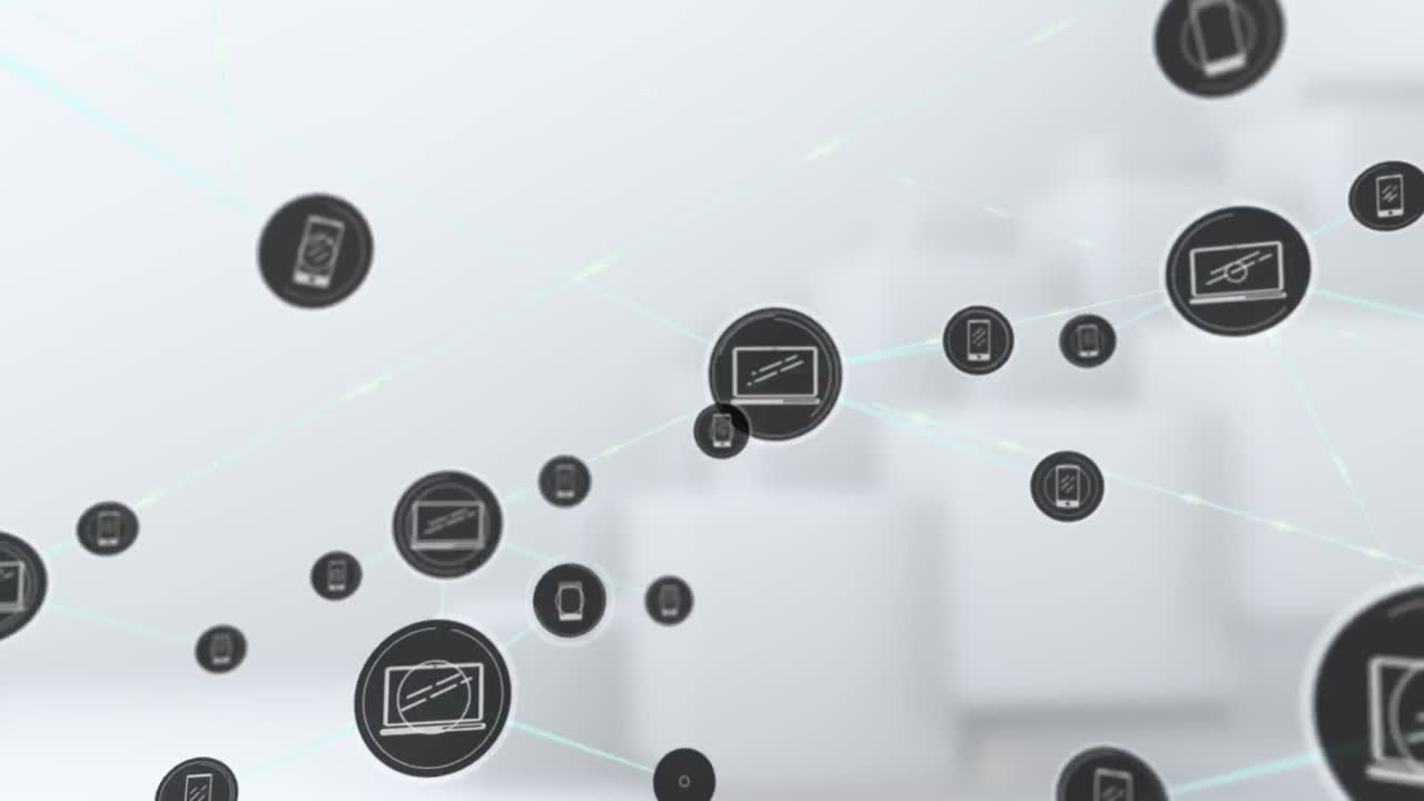 Animazione di una rete di connessioni con icone su sfondo grigio