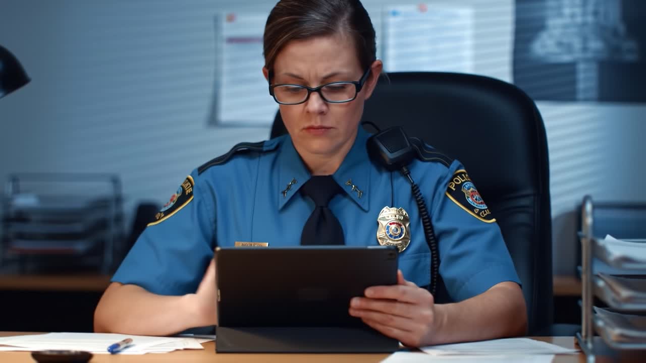 Police Officer Working on a Tablet