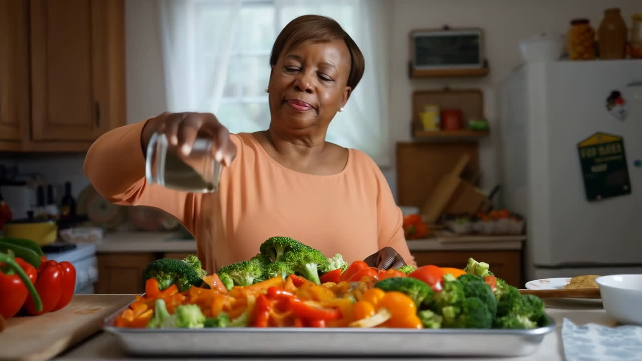Woman Seasoning Vegetables in a Kitchen