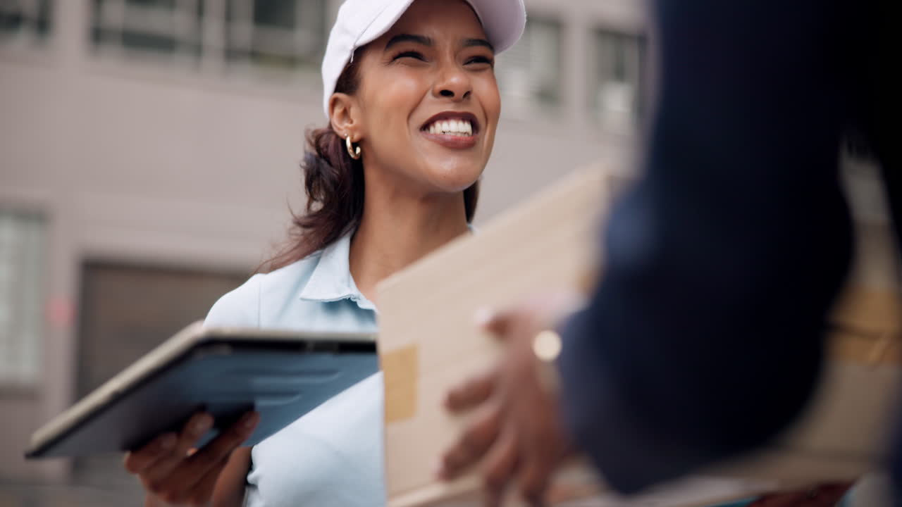 Delivery person handing package to customer