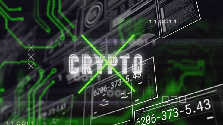 Animation of crypto text over hud interface, glitch technique and circuit board pattern
