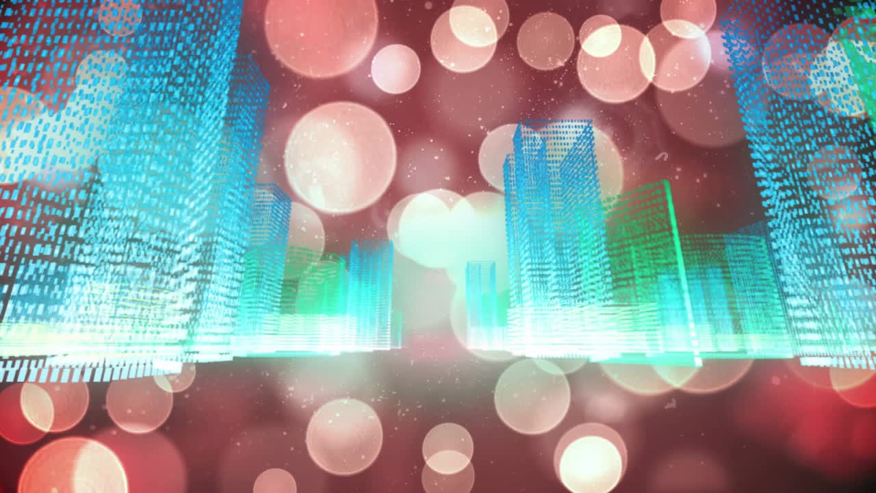 Upon drifting orbs starting scene, wireframe skyscrapers shimmering and advancing for seamless loop