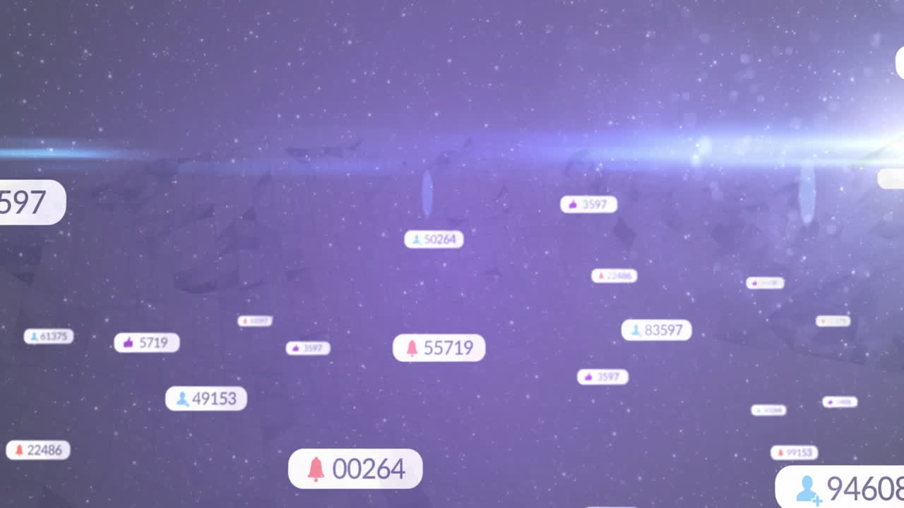 Social media bubbles floating against purple starry backdrop, displaying bell profile like icons