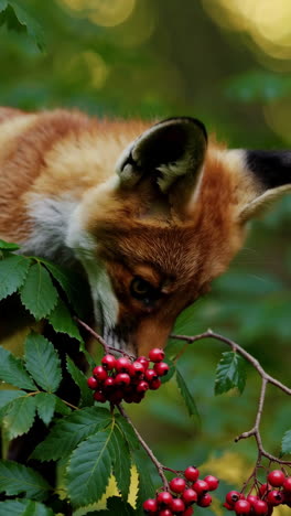 a fox among red berries and green foliage
