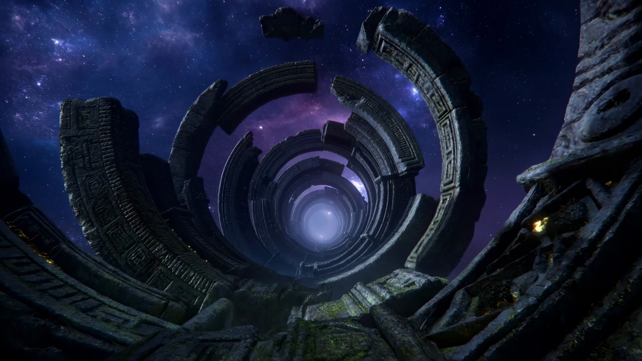 Ancient Stone Portal Under Starry Sky, Ruined Circular Archways Lead Into Glowing Violet Vortex, Mossy Stones