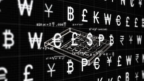 animation of currency symbols and calculator on black background