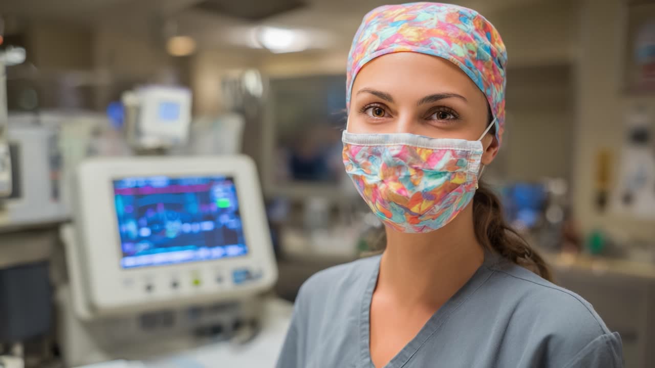 Healthcare Professional in Scrubs and Mask Smiles for the Camera in a Modern Medical Facility, Highlighting Patient Care and Dedication to Health