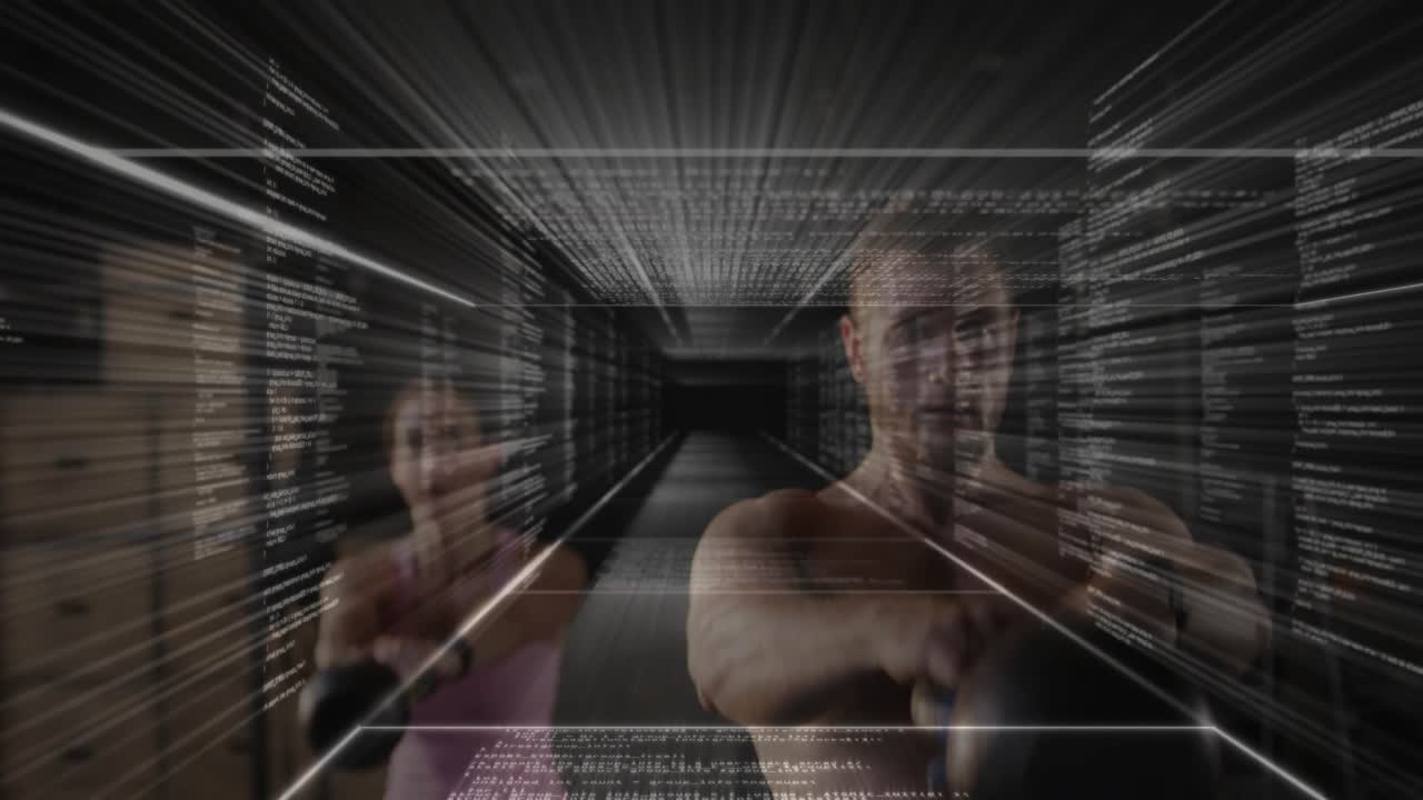 Male and female stepping on overlay cue, punching and raising arms for fitness amid tech grid