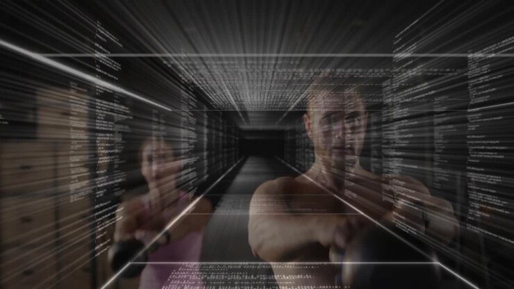 Male and female stepping on overlay cue, punching and raising arms for fitness amid tech grid