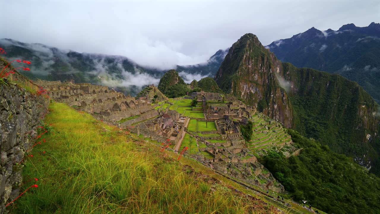 Camadas de terraços de Machu Picchu, Templo Inca do Peru, paisagem de manhã cedo, camada de nuvens e neblina, flores de orquídea, Montanha Huayna Picchu, Circuito da Trilha Inca, Águas Calientes, Montanhas Andinas Peruanas, santuário.
