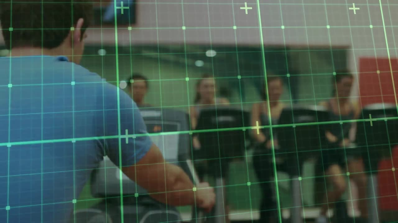 체육관 에서 운동 하는 사람 들 위 에 있는 사각형 들 을 가진 디지털 인터페이스 의 애니메이션