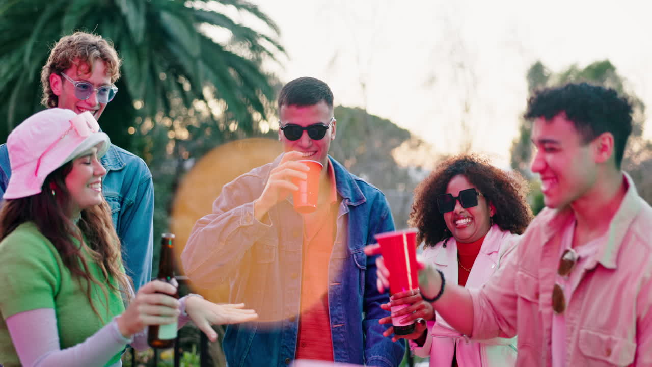 Gruppe af unge voksne, der fejrer med drinks udendørs