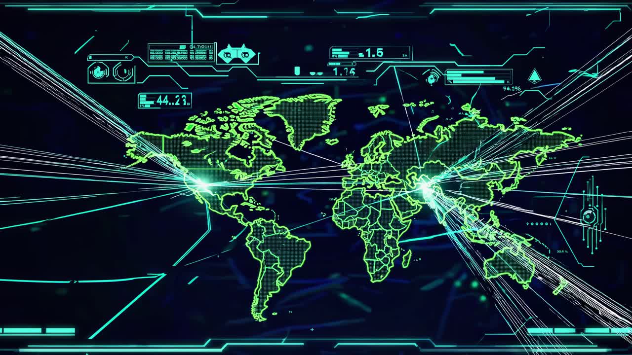 Futuristic video interface with a top-down angle, showcasing a digital world map with neon green