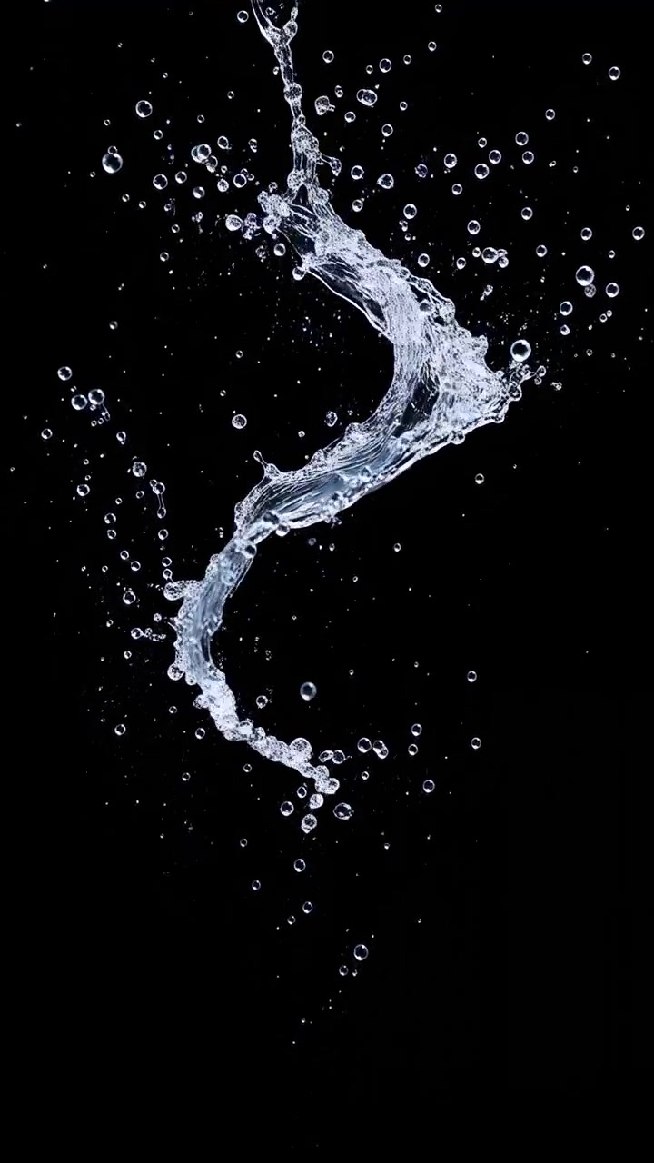 Dynamic Water Splash Frozen Against Black, Crisp Droplets And Spiral Motion, Studio Lighting Captures Crystal