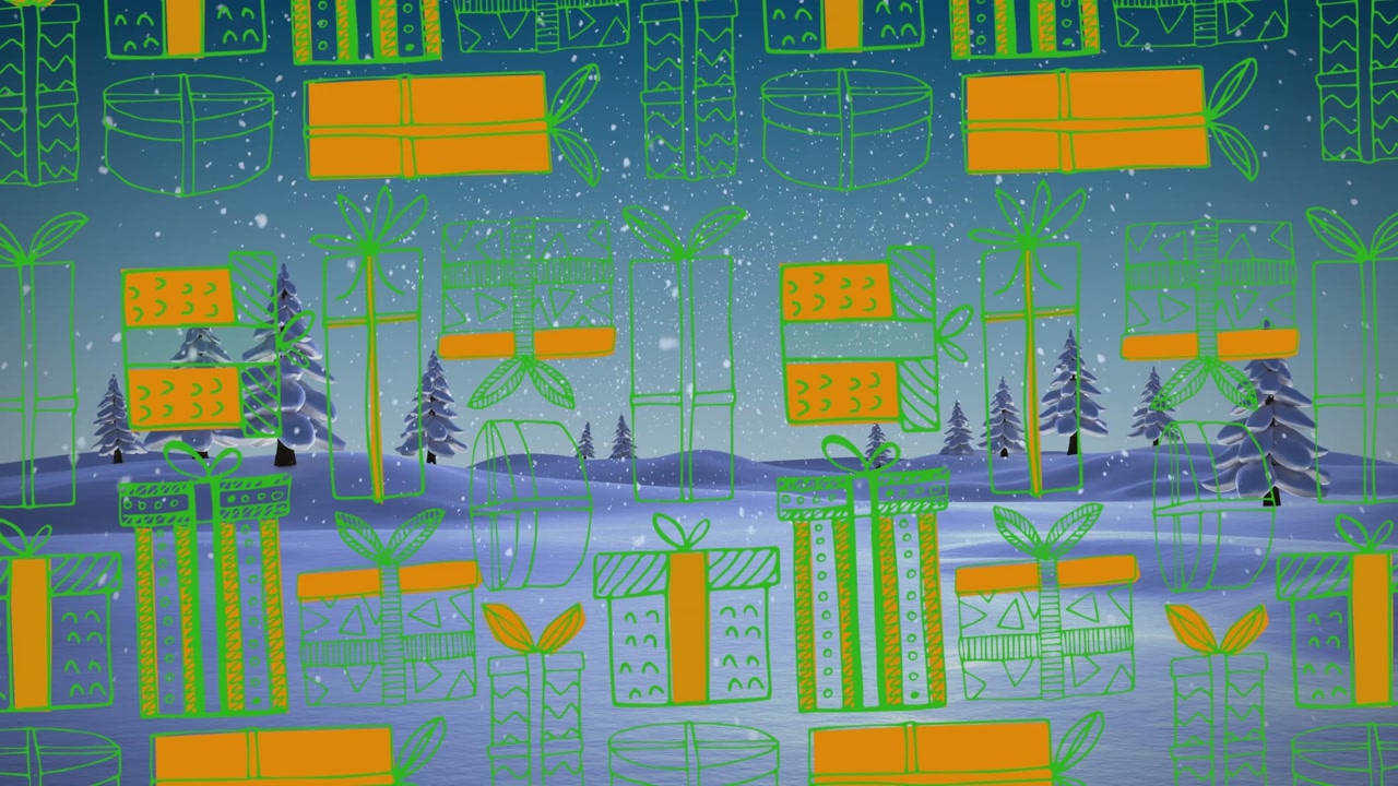 Animation of presents icons over snow falling and winter landscape
