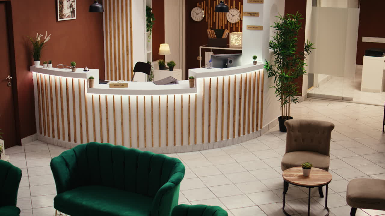 Wide angle crane shot of hotel foyer