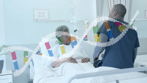 animation of dna strand over happy african american male doctor and senior female patient