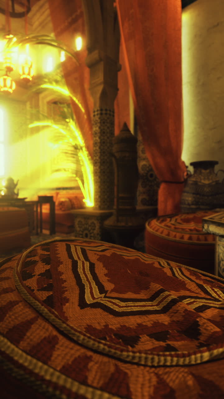 Room decorated with vibrant colors and warm lighting in a cozy space