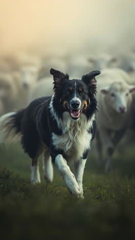 a border collie herding sheep in a grassy field