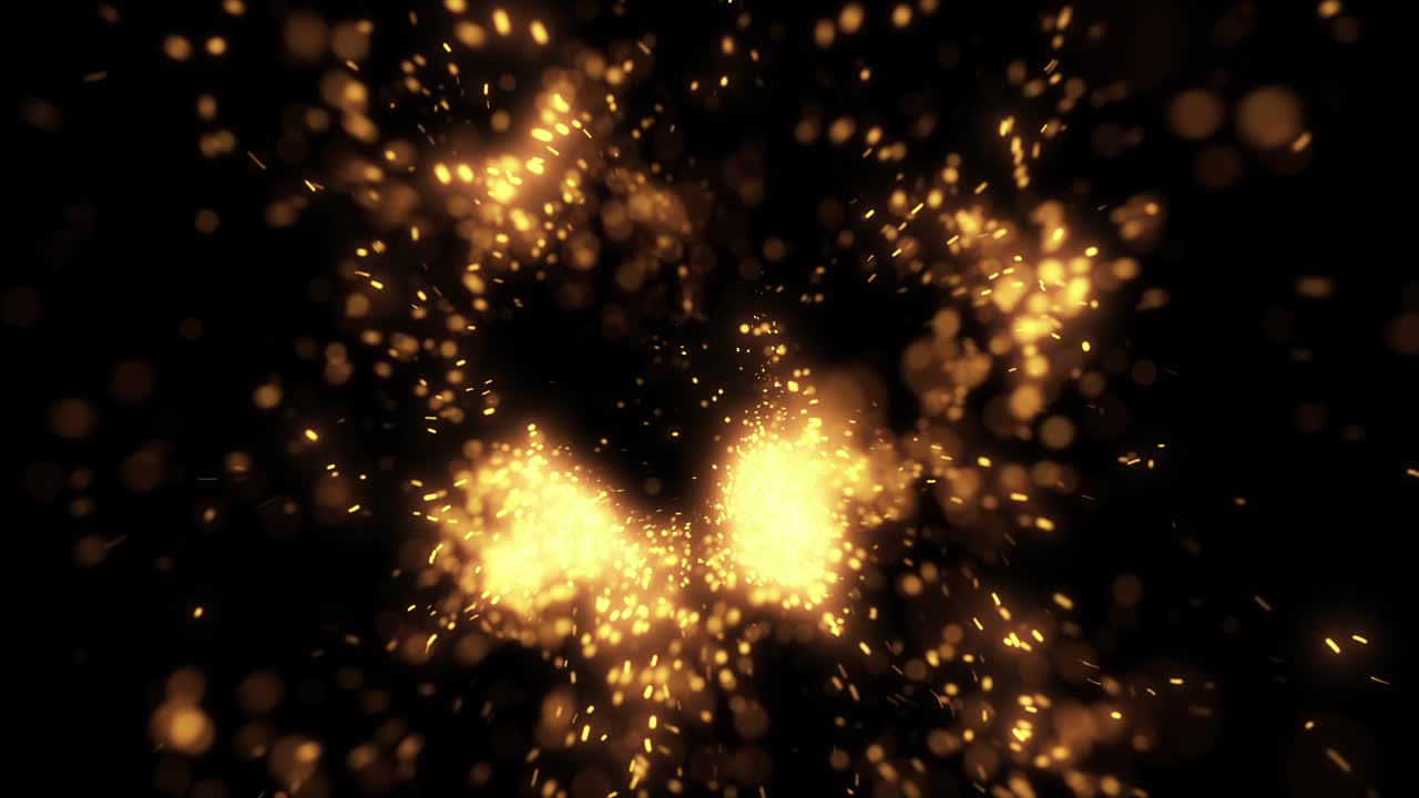 Scintille dorate luminose che esplodono e si diffondono su sfondo scuro.