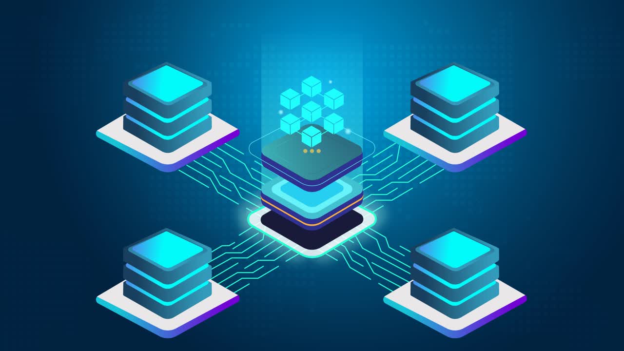Abstract Blockchain animation of virtual currency Mining Rig Process in digital cyberspace with Servers