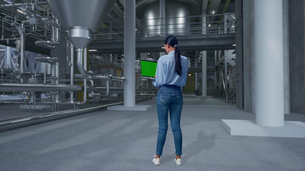 Full Body Back View Of Asian Female in Distillery Interior With Large Fermentation Tanks, Typing On Laptop'S Keyboard With Green Screen And Look At Factory