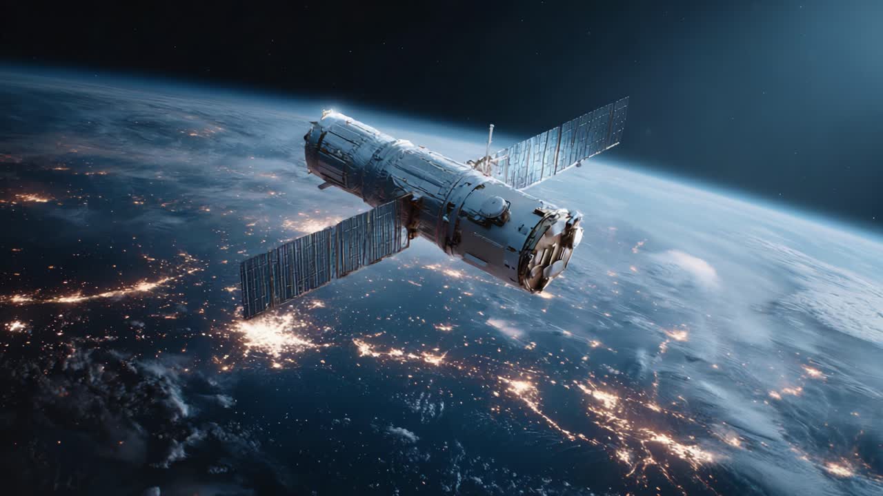 Exploring the Vastness of Space: A Stunning View of a Satellite Orbiting Earth Against the Backdrop of City Lights and Stars