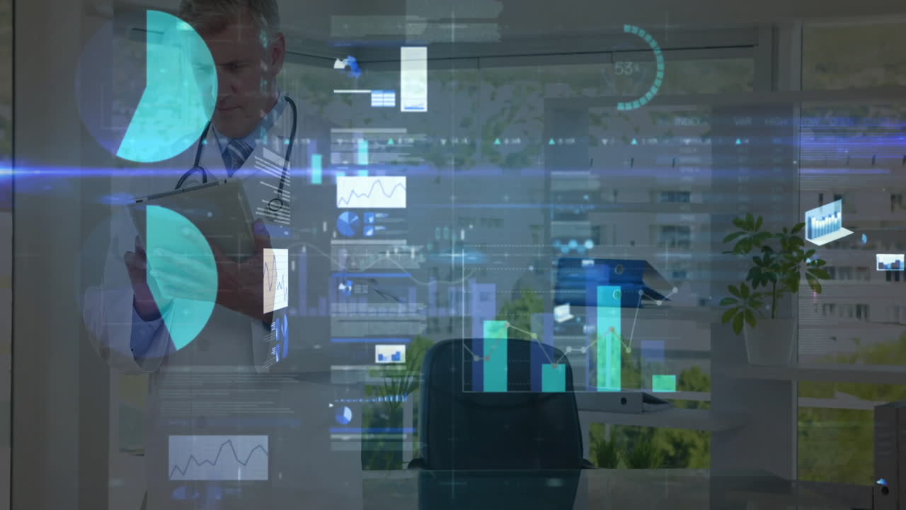 Male doctor reviewing tablet in medical office, displaying animated charts and interface elements