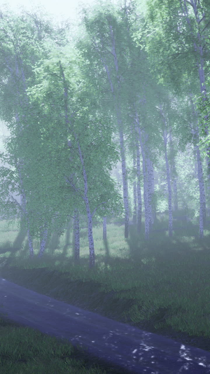 Mystical pathway through a serene forest at dawn with soft mist surrounding