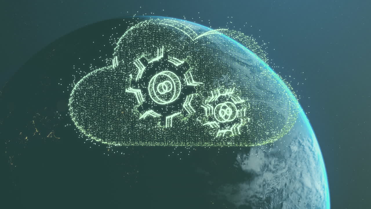 animación de la nube con engranajes y procesamiento de datos sobre el globo sobre fondo azul.