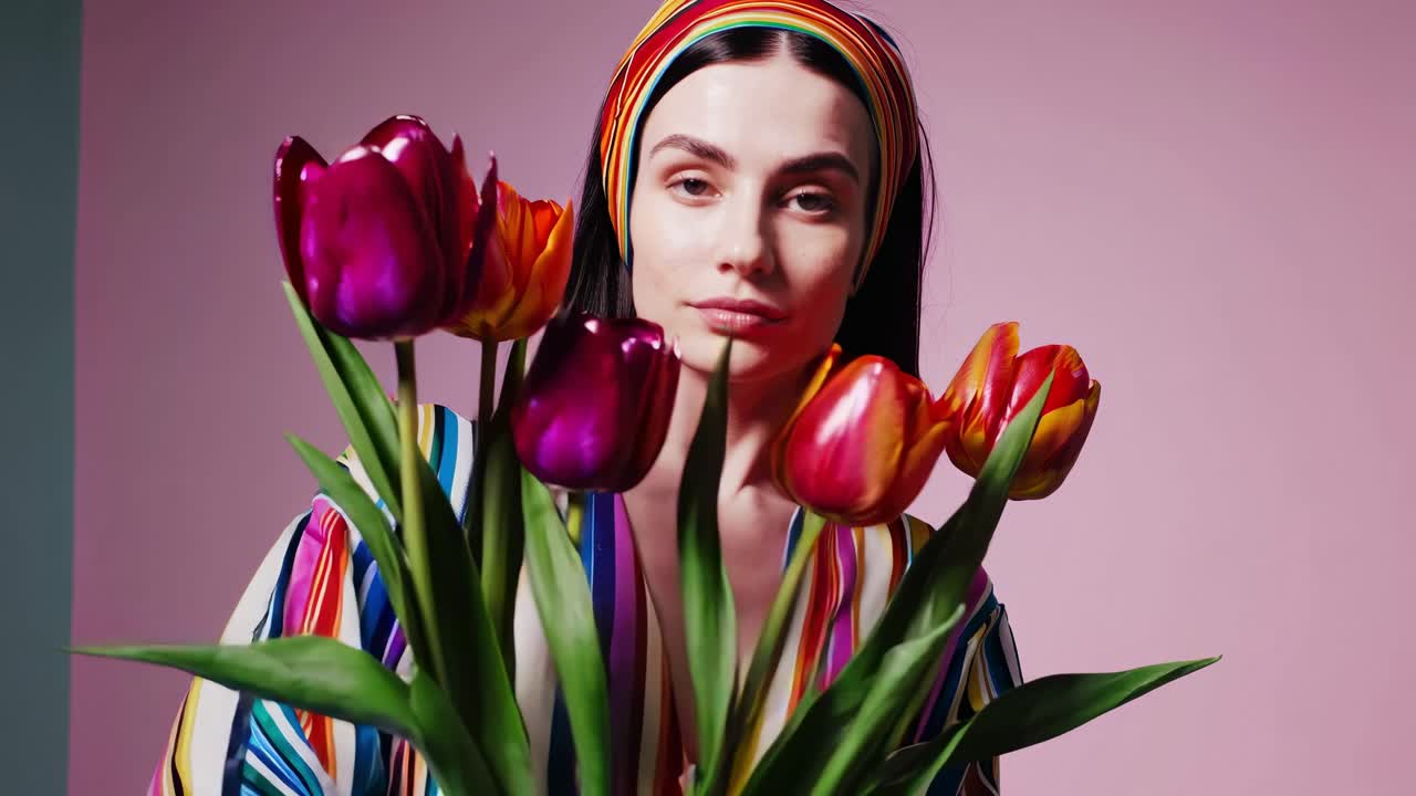 Young woman with long dark hair, wearing a colorful striped dress and headband, holding a vibrant bouquet of tulips against a cheerful pink and teal background