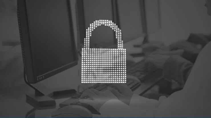 Animation of digital padlock and cloud over computers in office