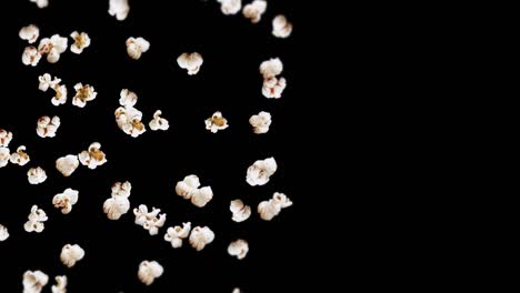 flying many popcorns on black background. white salty popcorn. healthy food. corn seed. 3d loop animation of popcorn rotating.