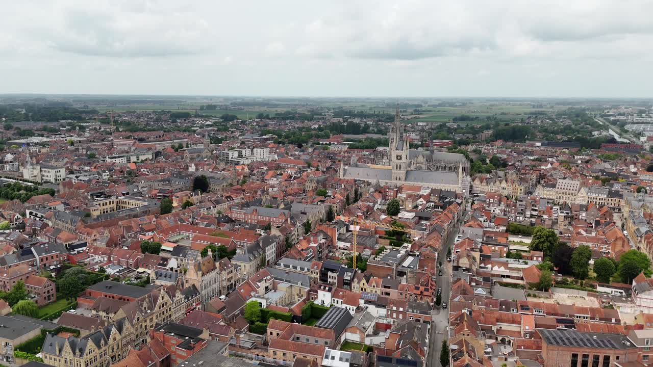 Ypres city Belgium drone,aerial high angle push in shot