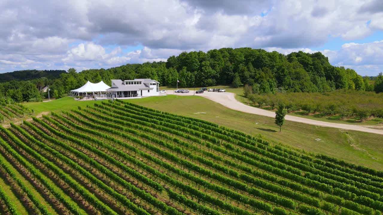 Expansive aerial view of vineyard and winery near Traverse City Michigan, up in Leelanau county, USA