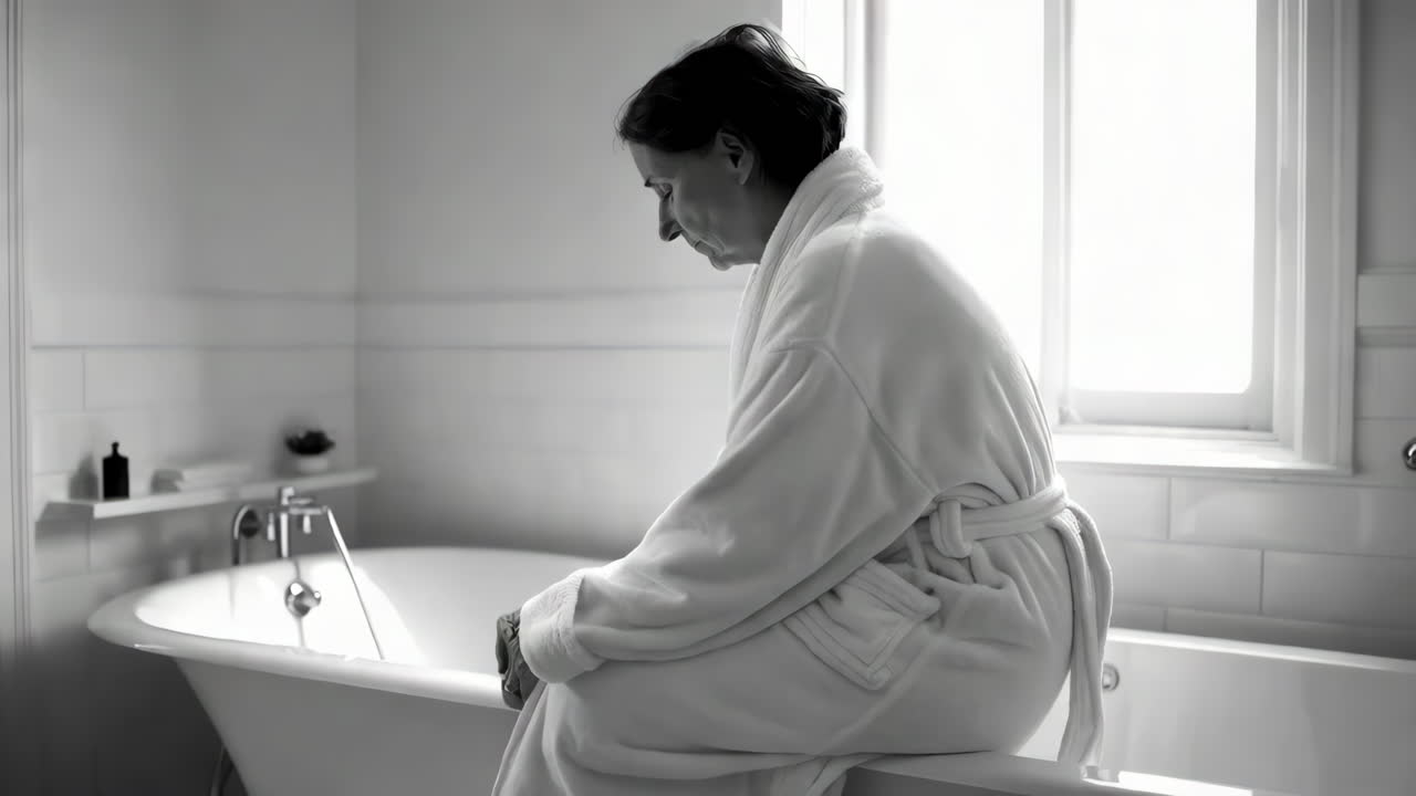 Sad Woman in Bathrobe Sitting on Bathtub Edge in Black and White