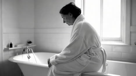 sad woman in bathrobe sitting on bathtub edge in black and white